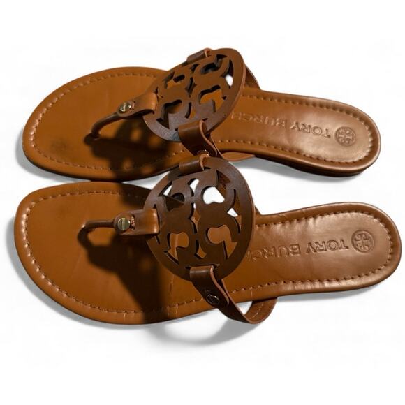 Tory Burch Miller Tan Leather Sandals, Classic Logo Medallion, Women's Size 9 - Picture 2 of 6